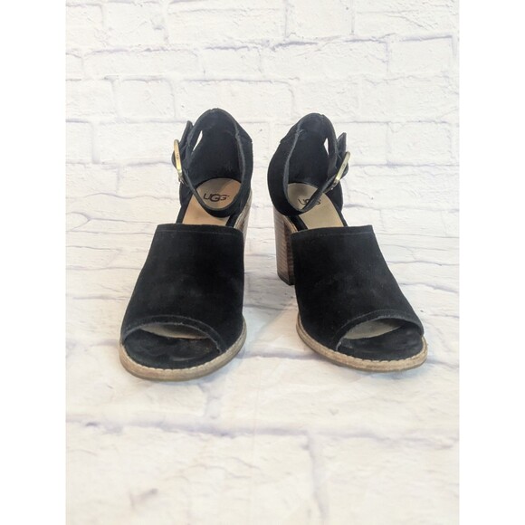 UGG Black Suede Aja Ankle Strap Sandals High Heels Women Size 6.5 Open Toe - Picture 2 of 9